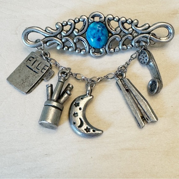 Vintage Faux Turquoise Silver Tone Office Charm Brooch Pin - Picture 2 of 8